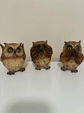 Three Brown Owl Figurines Set - Say No Evil Decorative Owls